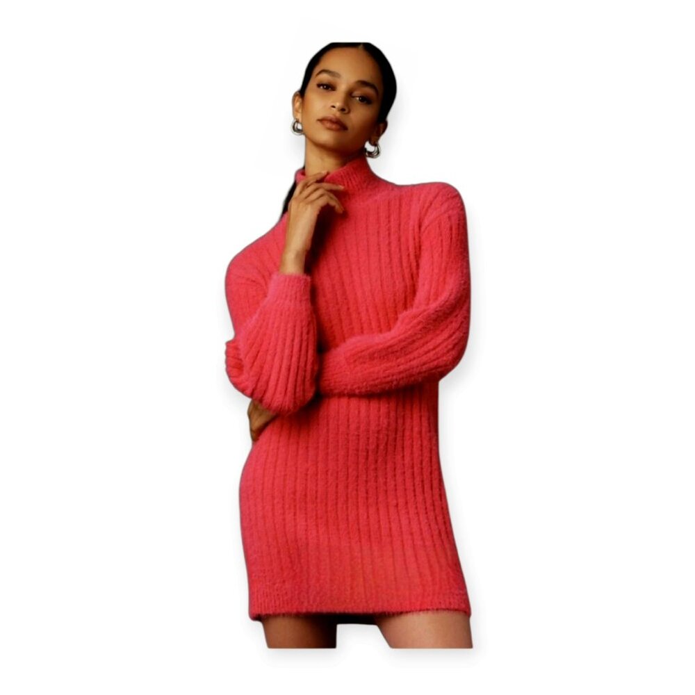 Anthropologie Flat White Pink Fuchsia Turtleneck Sweaterdress XXS Cozy Fall
